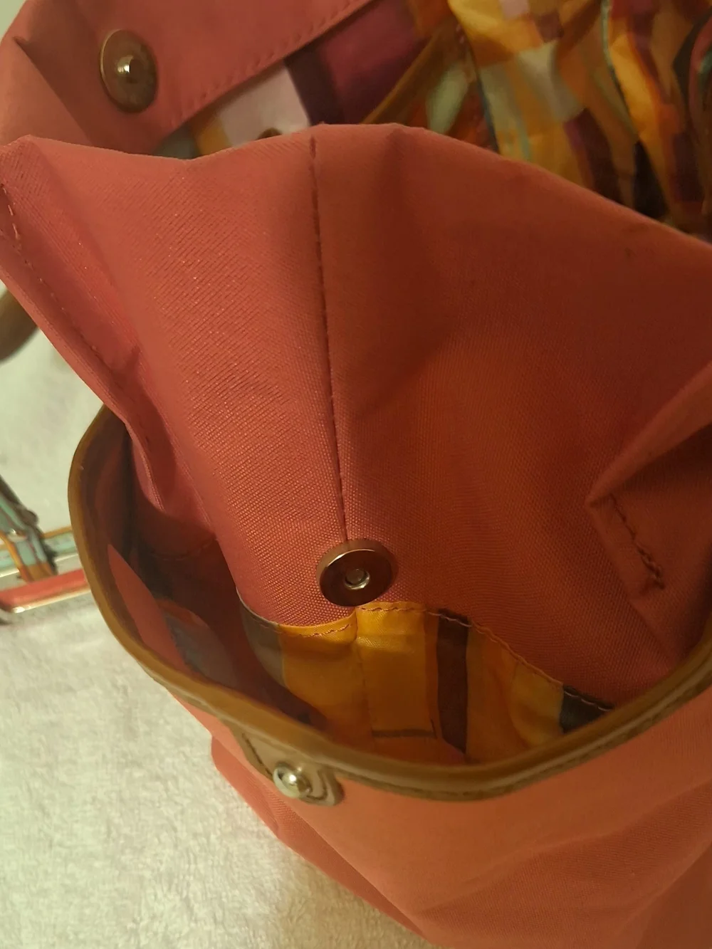 Tyler Rodan Coral Canvas Tote with Tan Trim and Multicolor Tag (13.5 X 8.5 X 4.5